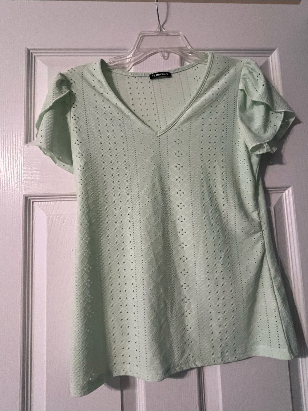 Flamingals women’s Mint Eyelet V‑Neck Flutter Sleeve Top